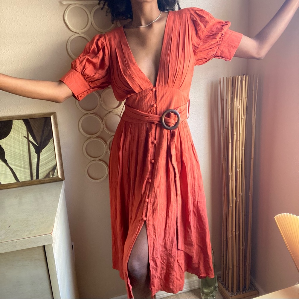 Rust Orange Shirt Midi Dress
